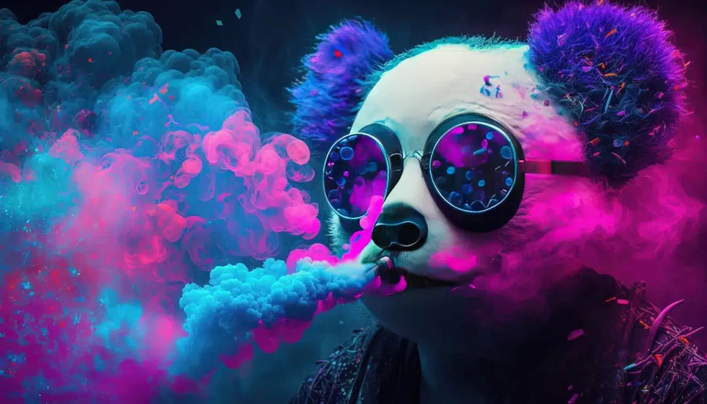 Un panda portant des lunettes de soleil réfléchissantes avec des tourbillons de rose néon ultraviolet.