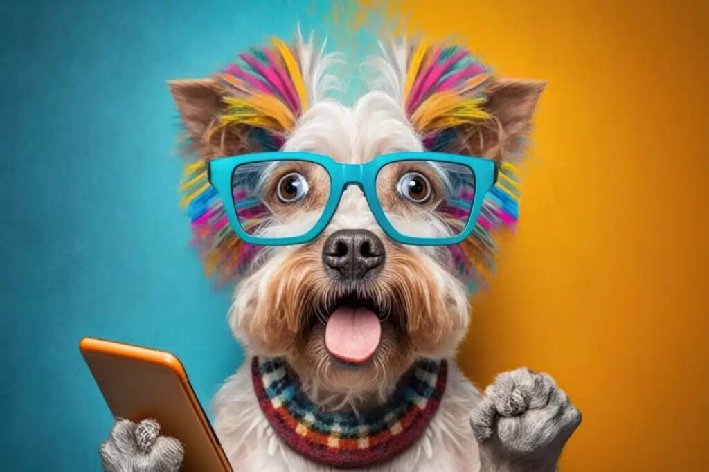 chien avec lunette et coloration tenant dans sa main un portable !